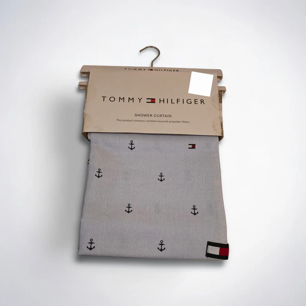 Tommy Hilfiger Light Blue Anchors Stripes Fabric Shower Curtain 72 X 72 New